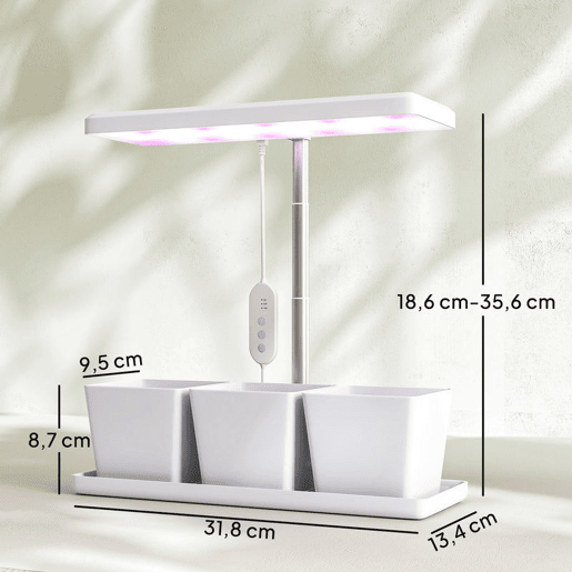 Outsunny Luz de Crescimento com 30 LED de Espectro Completo Ajustável em Altura com Temporizador Automático 8121624H 5 Níveis de Brilho e 3 Vasos para Estufa Jardim 31,8x13,4x18,6-35,6 cm Branco