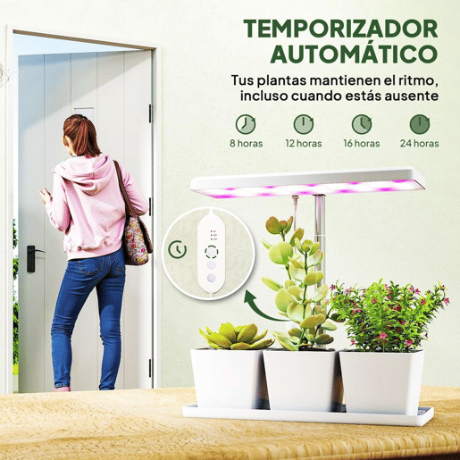 Outsunny Luz de Crescimento com 30 LED de Espectro Completo Ajustável em Altura com Temporizador Automático 8121624H 5 Níveis de Brilho e 3 Vasos para Estufa Jardim 31,8x13,4x18,6-35,6 cm Branco