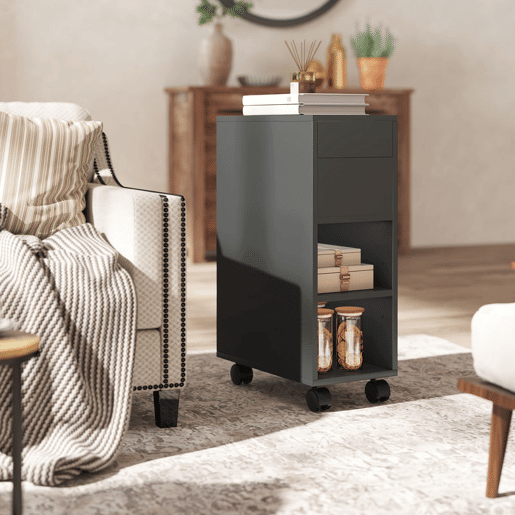 HOMCOM Mesa Auxiliar com Bancada Deslizante e Rodas Mesa Auxiliar com Armazenamento Oculto e Prateleira Ajustável para Sala de Estar Quarto 45x25x70 cm Preto