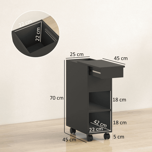 HOMCOM Mesa Auxiliar com Bancada Deslizante e Rodas Mesa Auxiliar com Armazenamento Oculto e Prateleira Ajustável para Sala de Estar Quarto 45x25x70 cm Preto