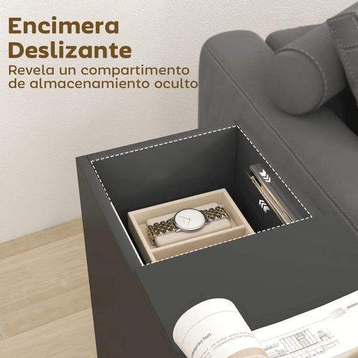 HOMCOM Mesa Auxiliar com Bancada Deslizante e Rodas Mesa Auxiliar com Armazenamento Oculto e Prateleira Ajustável para Sala de Estar Quarto 45x25x70 cm Preto
