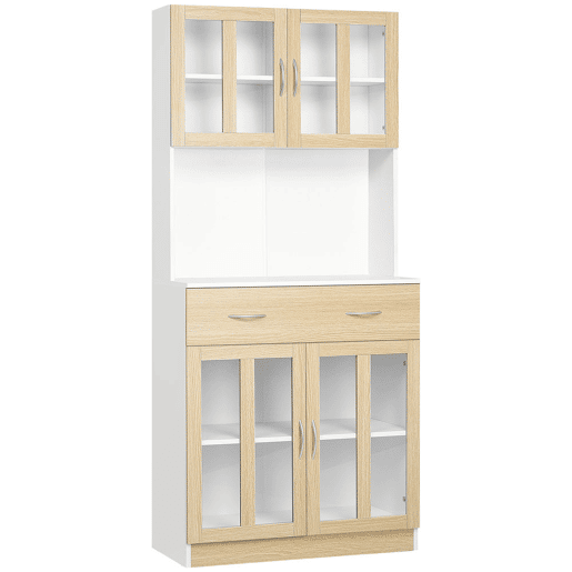 HOMCOM Aparador de Cozinha Alto Móvel Auxiliar de Cozinha com 4 Portas de Vidro Bancada Aberta para Micro-Ondas Gaveta Prateleiras Ajustáveis 80x40x180 cm Branco e Madeira