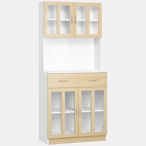 HOMCOM Aparador de Cozinha Alto Móvel Auxiliar de Cozinha com 4 Portas de Vidro Bancada Aberta para Micro-Ondas Gaveta Prateleiras Ajustáveis 80x40x180 cm Branco e Madeira