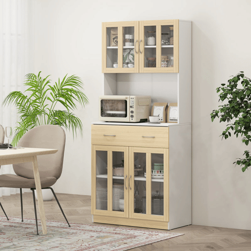 HOMCOM Aparador de Cozinha Alto Móvel Auxiliar de Cozinha com 4 Portas de Vidro Bancada Aberta para Micro-Ondas Gaveta Prateleiras Ajustáveis 80x40x180 cm Branco e Madeira