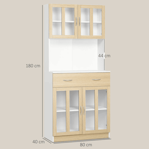 HOMCOM Aparador de Cozinha Alto Móvel Auxiliar de Cozinha com 4 Portas de Vidro Bancada Aberta para Micro-Ondas Gaveta Prateleiras Ajustáveis 80x40x180 cm Branco e Madeira