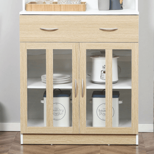 HOMCOM Aparador de Cozinha Alto Móvel Auxiliar de Cozinha com 4 Portas de Vidro Bancada Aberta para Micro-Ondas Gaveta Prateleiras Ajustáveis 80x40x180 cm Branco e Madeira