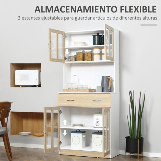 HOMCOM Aparador de Cozinha Alto Móvel Auxiliar de Cozinha com 4 Portas de Vidro Bancada Aberta para Micro-Ondas Gaveta Prateleiras Ajustáveis 80x40x180 cm Branco e Madeira