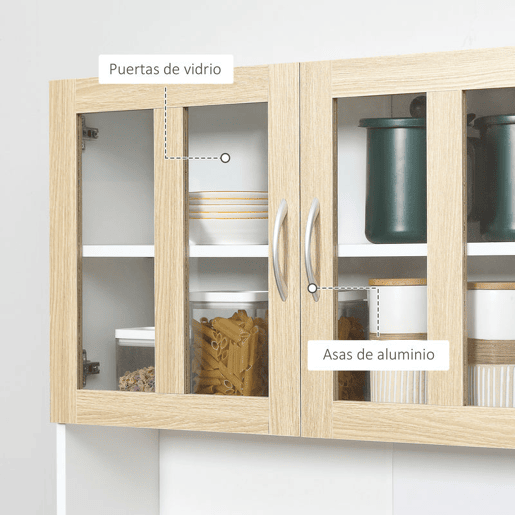 HOMCOM Aparador de Cozinha Alto Móvel Auxiliar de Cozinha com 4 Portas de Vidro Bancada Aberta para Micro-Ondas Gaveta Prateleiras Ajustáveis 80x40x180 cm Branco e Madeira