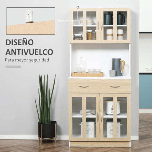 HOMCOM Aparador de Cozinha Alto Móvel Auxiliar de Cozinha com 4 Portas de Vidro Bancada Aberta para Micro-Ondas Gaveta Prateleiras Ajustáveis 80x40x180 cm Branco e Madeira