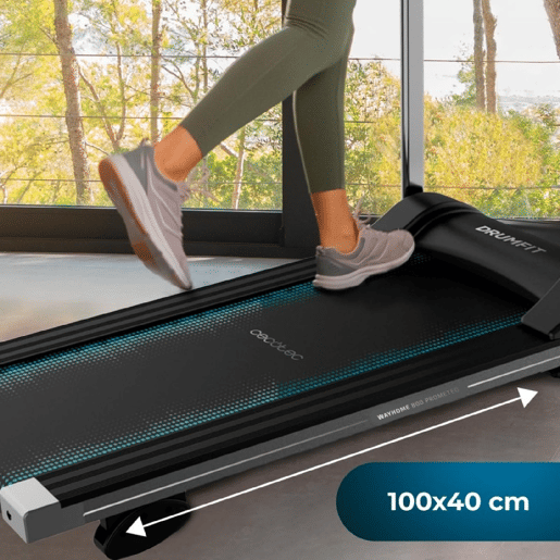 Cecotec Passadeira de caminhada com potência de 550 W. De 1 a 10 kmh. 12 programas pré-configurados. Painel de controlo LED. Superfície de corrida 100 x 40 cm. Com rodas para transporte, porta-garrafas e suporte para tablet. Peso máximo permitido: 120 kg