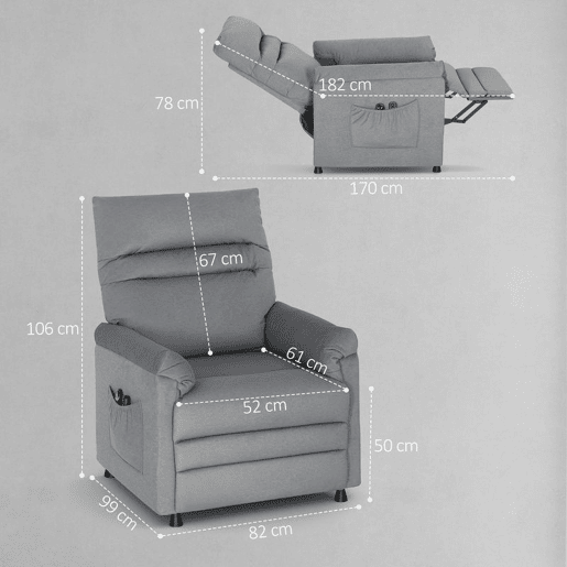 HOMCOM Poltrona de Massagem com Aquecimento Lombar e Massagem por Vibração Poltrona Relax Reclinável Elétrica Motor Silencioso Função de Memória Bolsos Laterais e Controlo Remoto 82x99x106 cm Cinzento