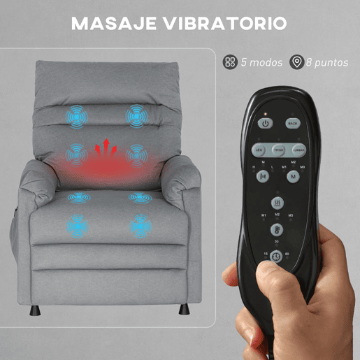 HOMCOM Poltrona de Massagem com Aquecimento Lombar e Massagem por Vibração Poltrona Relax Reclinável Elétrica Motor Silencioso Função de Memória Bolsos Laterais e Controlo Remoto 82x99x106 cm Cinzento