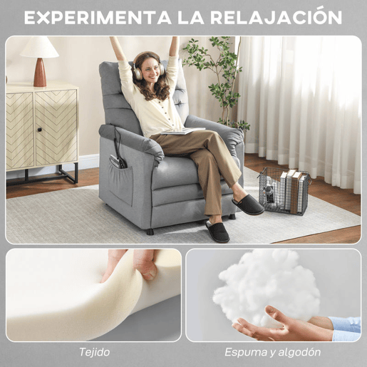 HOMCOM Poltrona de Massagem com Aquecimento Lombar e Massagem por Vibração Poltrona Relax Reclinável Elétrica Motor Silencioso Função de Memória Bolsos Laterais e Controlo Remoto 82x99x106 cm Cinzento