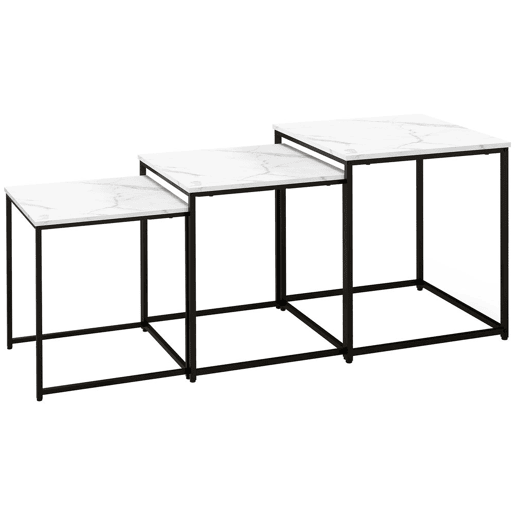 HOMCOM Conjunto de 3 Mesas Auxiliares para Sala de Estar Mesas Auxiliares com Efeito Mármore e Estrutura de Aço Estilo Moderno para Sala de Estar Quarto Branco e Preto
