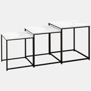 HOMCOM Conjunto de 3 Mesas Auxiliares para Sala de Estar Mesas Auxiliares com Efeito Mármore e Estrutura de Aço Estilo Moderno para Sala de Estar Quarto Branco e Preto
