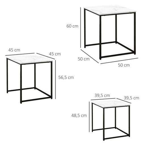 HOMCOM Conjunto de 3 Mesas Auxiliares para Sala de Estar Mesas Auxiliares com Efeito Mármore e Estrutura de Aço Estilo Moderno para Sala de Estar Quarto Branco e Preto