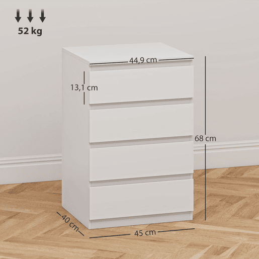 HOMCOM Cómoda com 4 Gavetas com Fecho Suave Cómoda para Quarto Sala de Estar Escritório Estilo Moderno 45x40x68 cm Branco HOMCOM Cómoda com 4 Gavetas com Fecho Suave Cómoda para Quarto Sala de Estar Escritório Estilo Moderno 45x40x68 cm Branco
