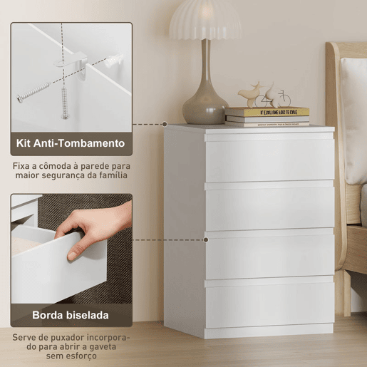 HOMCOM Cómoda com 4 Gavetas com Fecho Suave Cómoda para Quarto Sala de Estar Escritório Estilo Moderno 45x40x68 cm Branco HOMCOM Cómoda com 4 Gavetas com Fecho Suave Cómoda para Quarto Sala de Estar Escritório Estilo Moderno 45x40x68 cm Branco