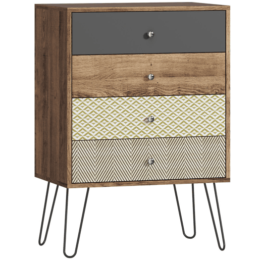 HOMCOM Cómoda 4 Gavetas Cómoda para Quarto com Pés em Forma de V de Aço Cómoda para Sala de Estar Escritório Estilo Boémio 60x39x86 cm Multicor