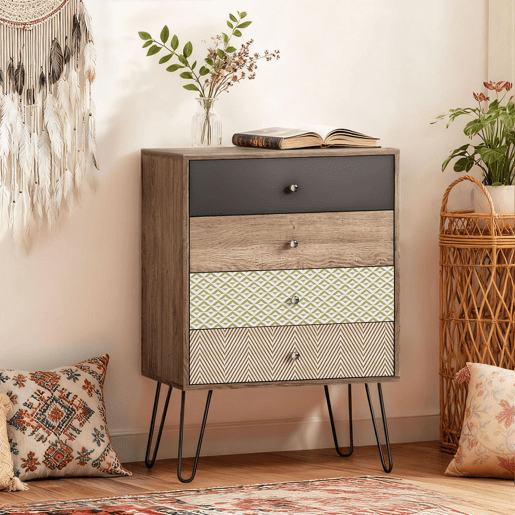 HOMCOM Cómoda 4 Gavetas Cómoda para Quarto com Pés em Forma de V de Aço Cómoda para Sala de Estar Escritório Estilo Boémio 60x39x86 cm Multicor