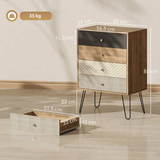 HOMCOM Cómoda 4 Gavetas Cómoda para Quarto com Pés em Forma de V de Aço Cómoda para Sala de Estar Escritório Estilo Boémio 60x39x86 cm Multicor