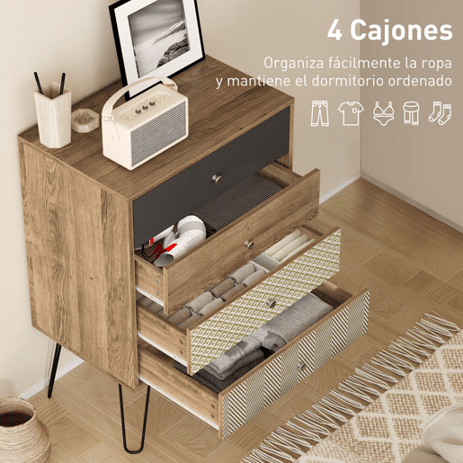 HOMCOM Cómoda 4 Gavetas Cómoda para Quarto com Pés em Forma de V de Aço Cómoda para Sala de Estar Escritório Estilo Boémio 60x39x86 cm Multicor