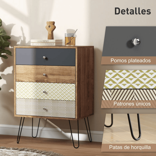HOMCOM Cómoda 4 Gavetas Cómoda para Quarto com Pés em Forma de V de Aço Cómoda para Sala de Estar Escritório Estilo Boémio 60x39x86 cm Multicor
