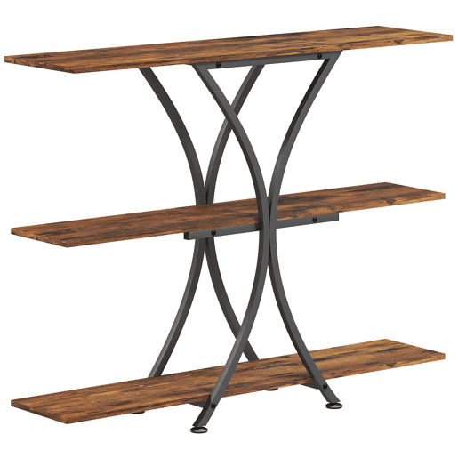 HOMCOM Mesa Consola de 3 Níveis Estilo Industrial com 2 Prateleiras Abertas e Estrutura Metálica em X para Entrada Consola Estreita para Sala de Estar Corredor 110x30x91 cm Castanho Rústico