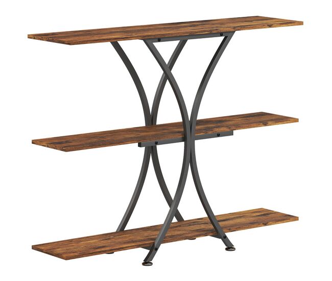 Homcom mesa de consola de 3 niveles, mesa de sofá industrial con 2 estantes abiertos y marco metálico en x, consola para recibidor estrecha, para salón, pasillo, entrada, marrón rústico