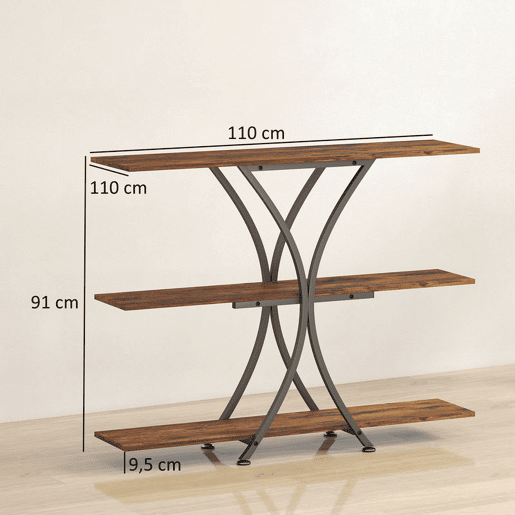 HOMCOM Mesa Consola de 3 Níveis Estilo Industrial com 2 Prateleiras Abertas e Estrutura Metálica em X para Entrada Consola Estreita para Sala de Estar Corredor 110x30x91 cm Castanho Rústico