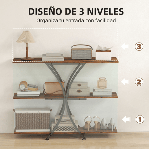 HOMCOM Mesa Consola de 3 Níveis Estilo Industrial com 2 Prateleiras Abertas e Estrutura Metálica em X para Entrada Consola Estreita para Sala de Estar Corredor 110x30x91 cm Castanho Rústico