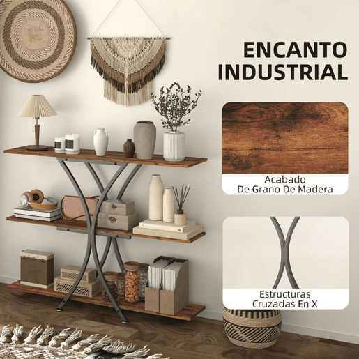 HOMCOM Mesa Consola de 3 Níveis Estilo Industrial com 2 Prateleiras Abertas e Estrutura Metálica em X para Entrada Consola Estreita para Sala de Estar Corredor 110x30x91 cm Castanho Rústico