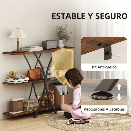 HOMCOM Mesa Consola de 3 Níveis Estilo Industrial com 2 Prateleiras Abertas e Estrutura Metálica em X para Entrada Consola Estreita para Sala de Estar Corredor 110x30x91 cm Castanho Rústico