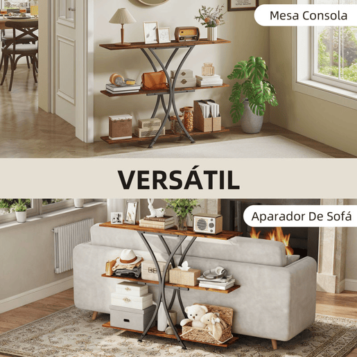 HOMCOM Mesa Consola de 3 Níveis Estilo Industrial com 2 Prateleiras Abertas e Estrutura Metálica em X para Entrada Consola Estreita para Sala de Estar Corredor 110x30x91 cm Castanho Rústico