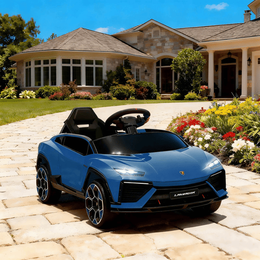 AIYAPLAY Carro Elétrico para Crianças acima de 3 Anos Lamborghini Infantil a Bateria 12V com Controlo Remoto 2,4G Motor Duplo Rodas com Suspensão Portas Estilo Tesoura Faróis Música USB 101,5x49x43 cm Azul