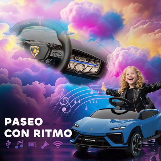 AIYAPLAY Carro Elétrico para Crianças acima de 3 Anos Lamborghini Infantil a Bateria 12V com Controlo Remoto 2,4G Motor Duplo Rodas com Suspensão Portas Estilo Tesoura Faróis Música USB 101,5x49x43 cm Azul