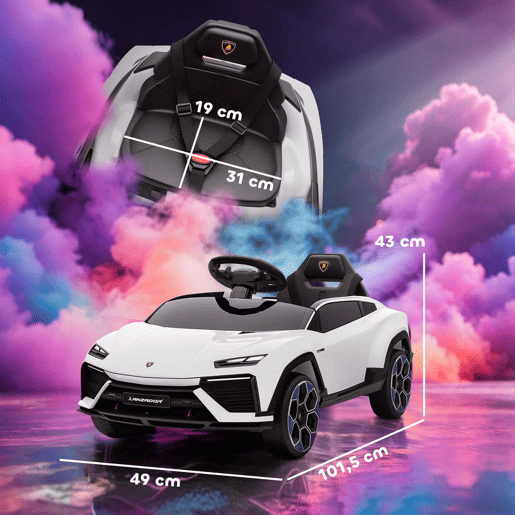 AIYAPLAY Carro Elétrico para Crianças acima de 3 Anos Lamborghini Infantil a Bateria 12V com Controlo Remoto 2,4G Motor Duplo Rodas com Suspensão Portas Estilo Tesoura Faróis Música USB 101,5x49x43 cm Branco