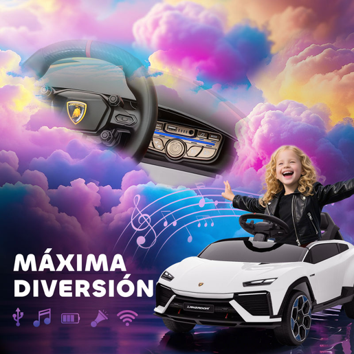 AIYAPLAY Carro Elétrico para Crianças acima de 3 Anos Lamborghini Infantil a Bateria 12V com Controlo Remoto 2,4G Motor Duplo Rodas com Suspensão Portas Estilo Tesoura Faróis Música USB 101,5x49x43 cm Branco