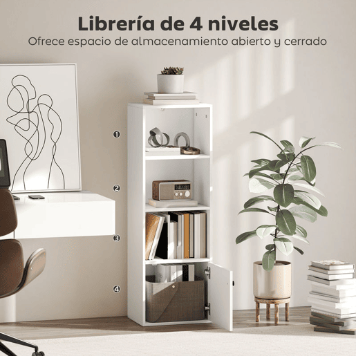 HOMCOM Estante de 4 Níveis Estante para Livros com Prateleiras Ajustáveis e Armário Estante Moderna para Sala de Estar Quarto Estúdio Escritório 40x30x120 cm Branco