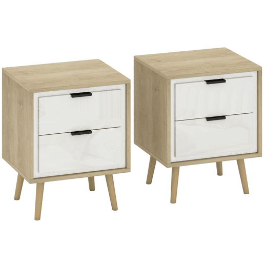 HOMCOM Conjunto de 2 Mesas de Cabeceira Modernas com 2 Gavetas de Deslizamento Silencioso Pés de Madeira para Quarto Sala de Estar 40x35x50 cm Branco Brilhante e Carvalho HOMCOM Conjunto de 2 Mesas de Cabeceira Modernas com 2 Gavetas de Deslizamento Silencioso Pés de Madeira para Quarto Sala de Estar 40x35x50 cm Branco Brilhante e Carvalho