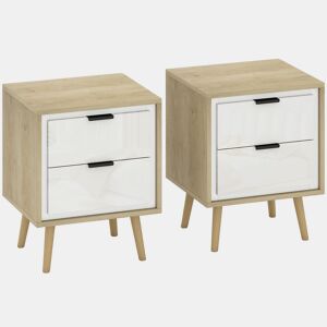 HOMCOM Conjunto de 2 Mesas de Cabeceira Modernas com 2 Gavetas de Deslizamento Silencioso Pés de Madeira para Quarto Sala de Estar 40x35x50 cm Branco Brilhante e Carvalho