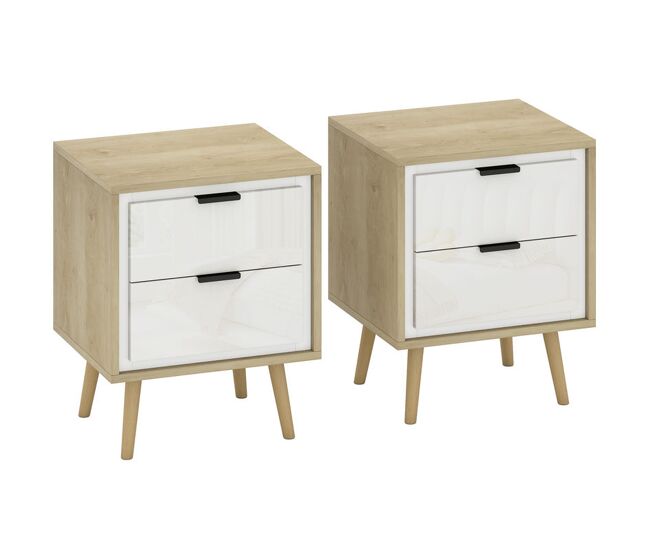 Homcom juego de 2 mesitas de noche modernas, mesillas de noche con 2 cajones con deslizamiento silencioso, patas de madera, para dormitorio, salón, 40x35x50 cm, blanco brillo y roble