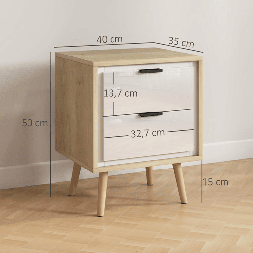 HOMCOM Conjunto de 2 Mesas de Cabeceira Modernas com 2 Gavetas de Deslizamento Silencioso Pés de Madeira para Quarto Sala de Estar 40x35x50 cm Branco Brilhante e Carvalho HOMCOM Conjunto de 2 Mesas de Cabeceira Modernas com 2 Gavetas de Deslizamento Silencioso Pés de Madeira para Quarto Sala de Estar 40x35x50 cm Branco Brilhante e Carvalho