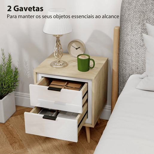 HOMCOM Conjunto de 2 Mesas de Cabeceira Modernas com 2 Gavetas de Deslizamento Silencioso Pés de Madeira para Quarto Sala de Estar 40x35x50 cm Branco Brilhante e Carvalho HOMCOM Conjunto de 2 Mesas de Cabeceira Modernas com 2 Gavetas de Deslizamento Silencioso Pés de Madeira para Quarto Sala de Estar 40x35x50 cm Branco Brilhante e Carvalho