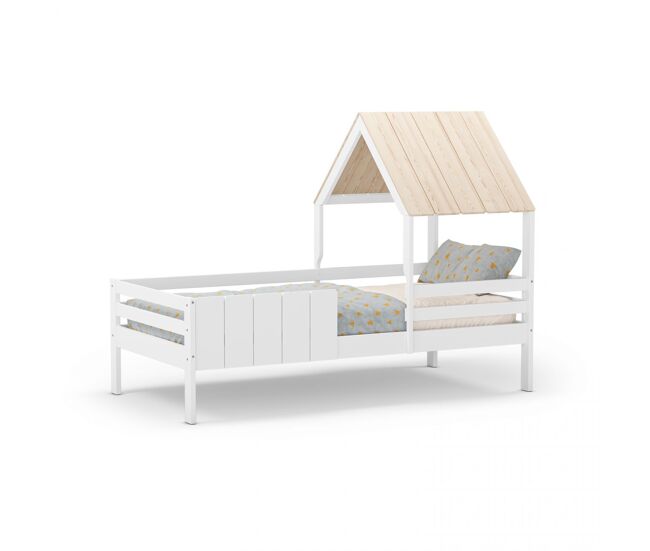 Cama cabaña con barrera lateral en blanco y oak 114,1x201,2 cm koti blanco - oak 201,2 x 151,8 x 114,1 cm
