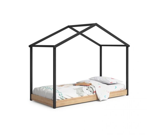 Cama infantil con diseño de cabaña en antracita y pino 101,2x216,2 cm Hyte Antracita - Pino 216,2 x 164 x 101,2 cm