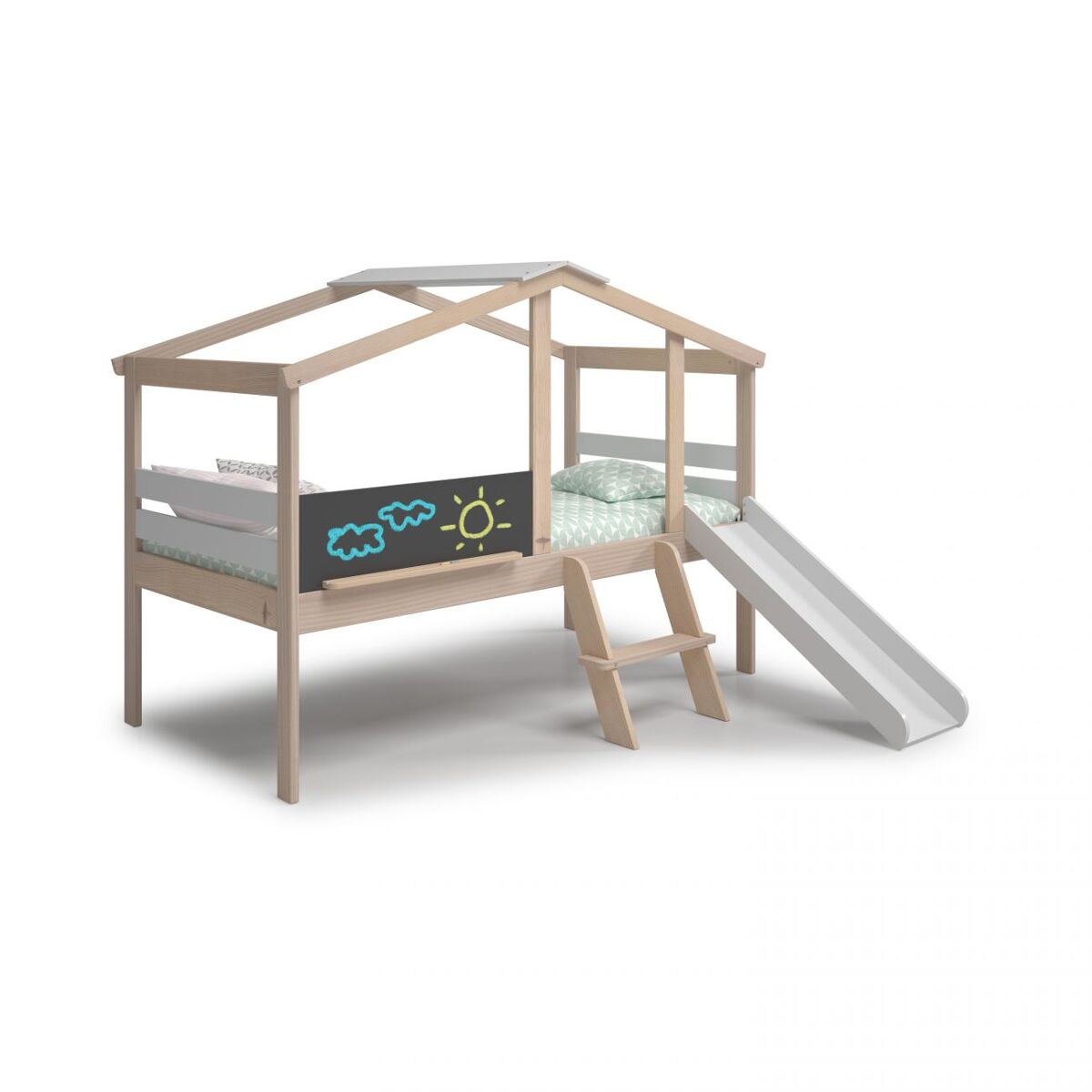 Cama cabaña con tobogán rushi blanco - oak soft 204,9 x 147 x 187,3 cm