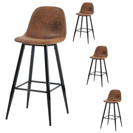 Conjunto De 4 Bancos Altos Estofados Em Pele Sintética Efeito Camurça Castanha Com Pés Metálicos Pretos, Estilo Industrial Moderno, Assento Ergonómico De 72.5 cm Ideal Para Bancada De Cozinha Ou Bar
