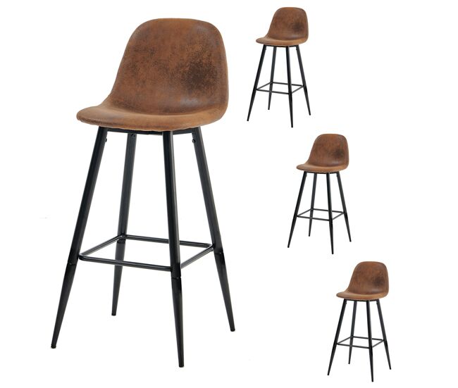 Set de 4 taburetes altos tapizados en polipiel efecto ante marrón con patas metálicas negras, estilo industrial moderno, asiento ergonómico de 72.5 cm