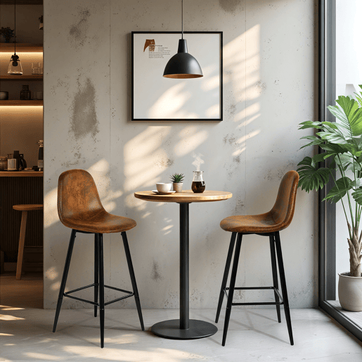 Conjunto De 4 Bancos Altos Estofados Em Pele Sintética Efeito Camurça Castanha Com Pés Metálicos Pretos, Estilo Industrial Moderno, Assento Ergonómico De 72.5 cm Ideal Para Bancada De Cozinha Ou Bar